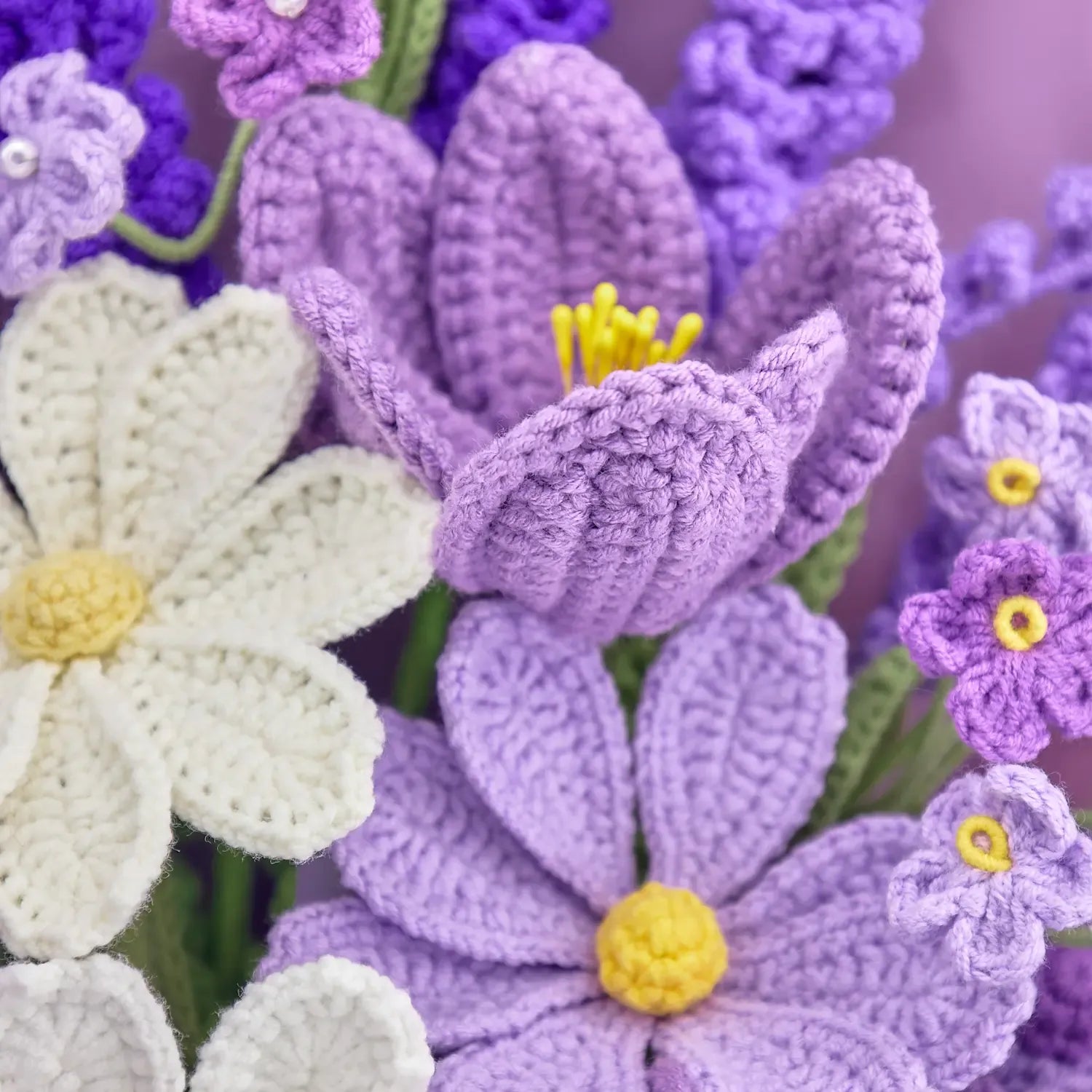 Lavender Dream Crochet Bouquet – Handmade Galsang & Lavender Flowers in a Premium Gift Box
