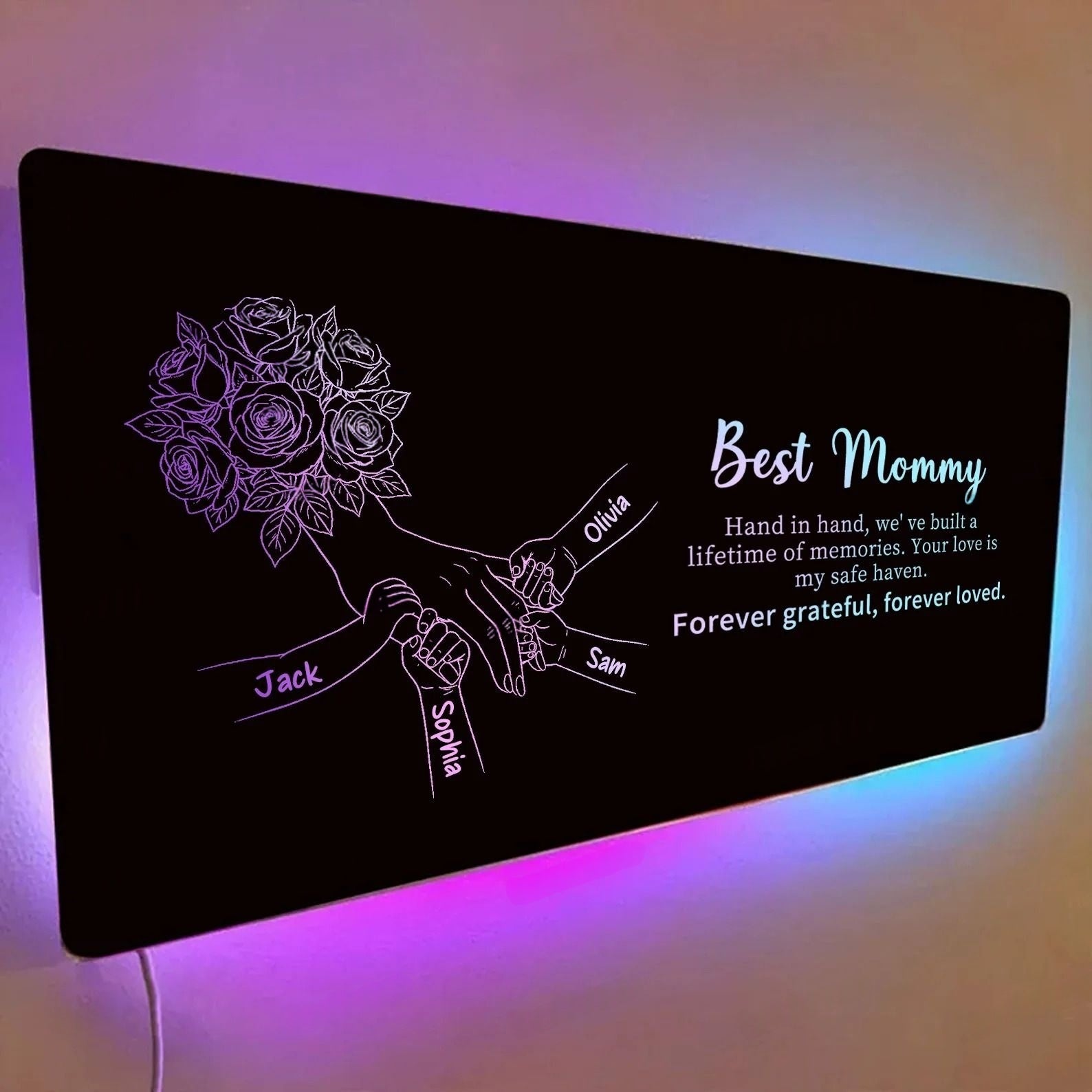 Custom Mom Holding Hands Mirror Light - Personalized Mother‘s Day Gifts with Choice of Bouquet for Mom