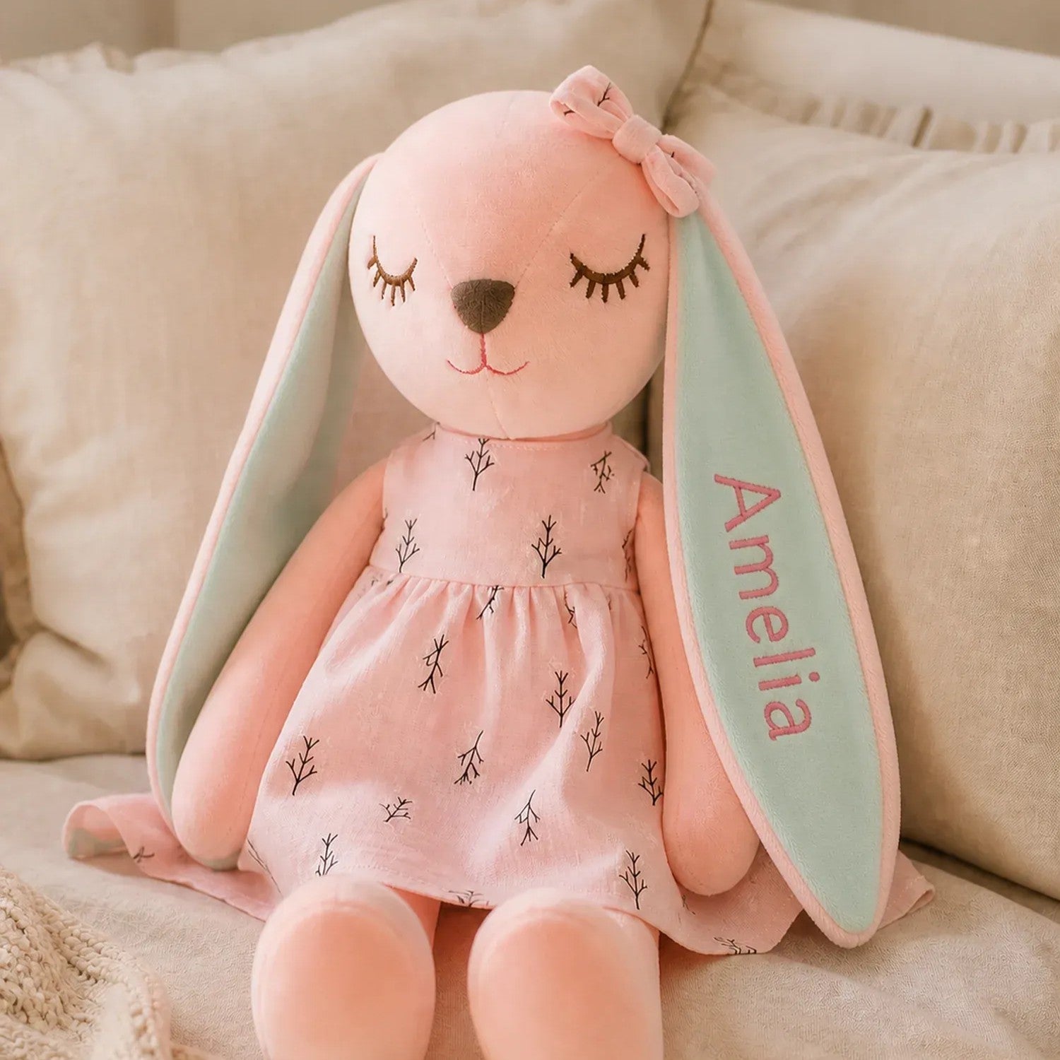 Personalized Embroidered Plush Bunny with Custom Name, Cuddly Keepsake for Couples, Kids & Families