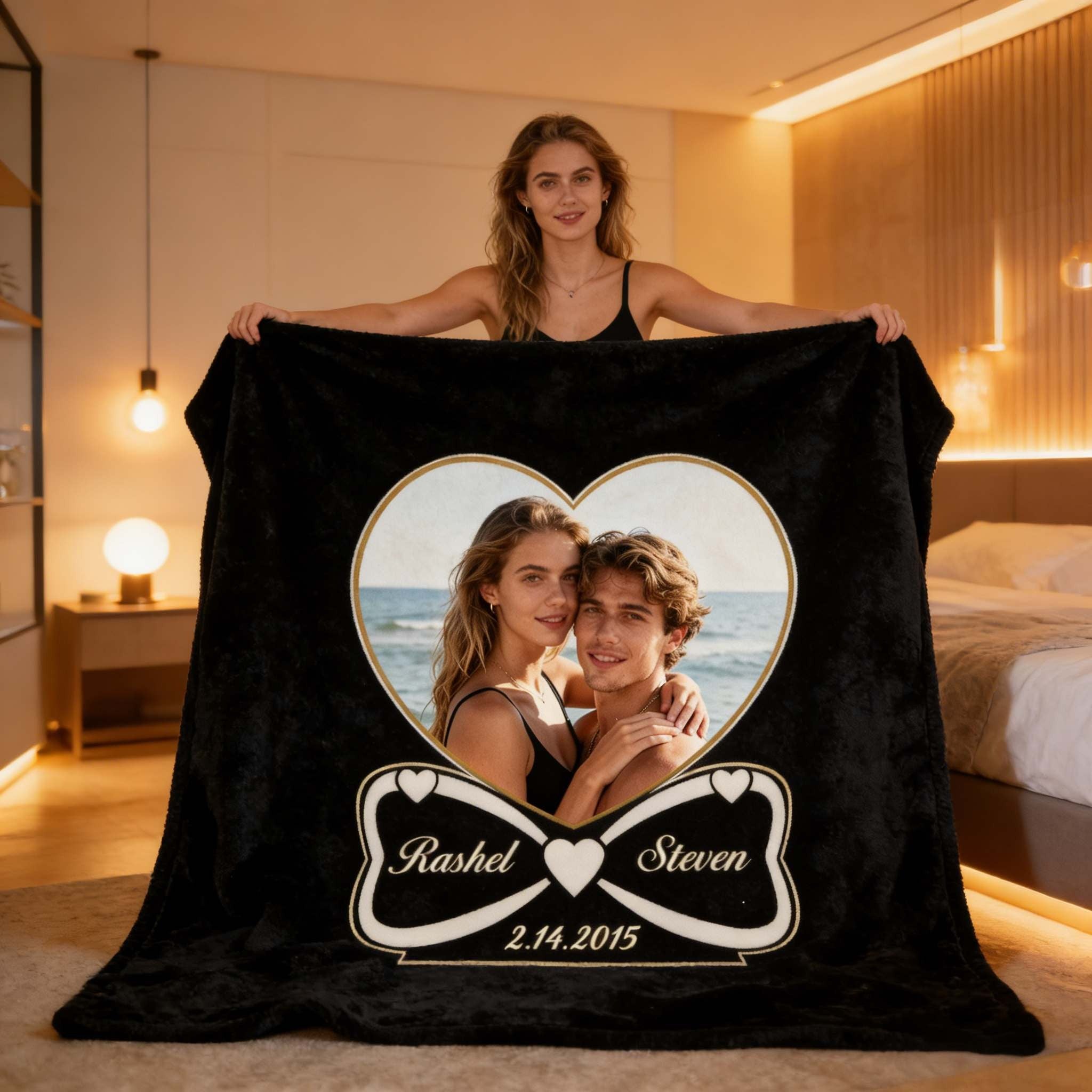 Custom Heart Frame Photo & Ribbon Bow – Custom Photo Blanket, the Perfect Gift for Anniversaries