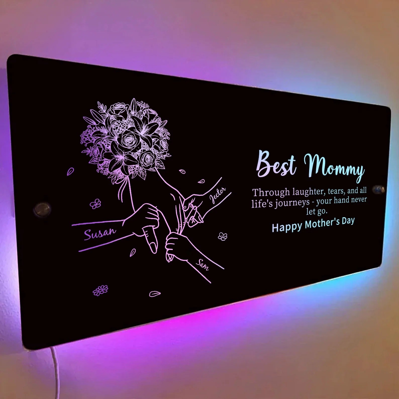 Custom Mom Holding Hands Mirror Light with Choice of Bouquet - Personalized Mother‘s Day Gifts for Mom