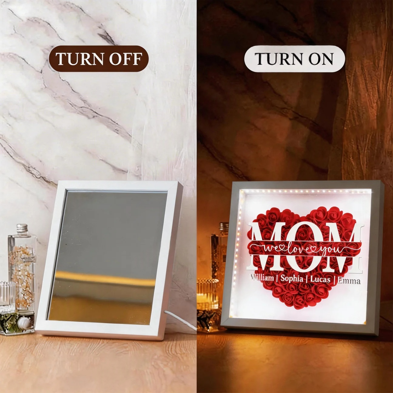 "We Love You Mom" Shadow box-Use Makeup Mirror Custom Children's Names Exclusive Mother's Day Commemorative Gift