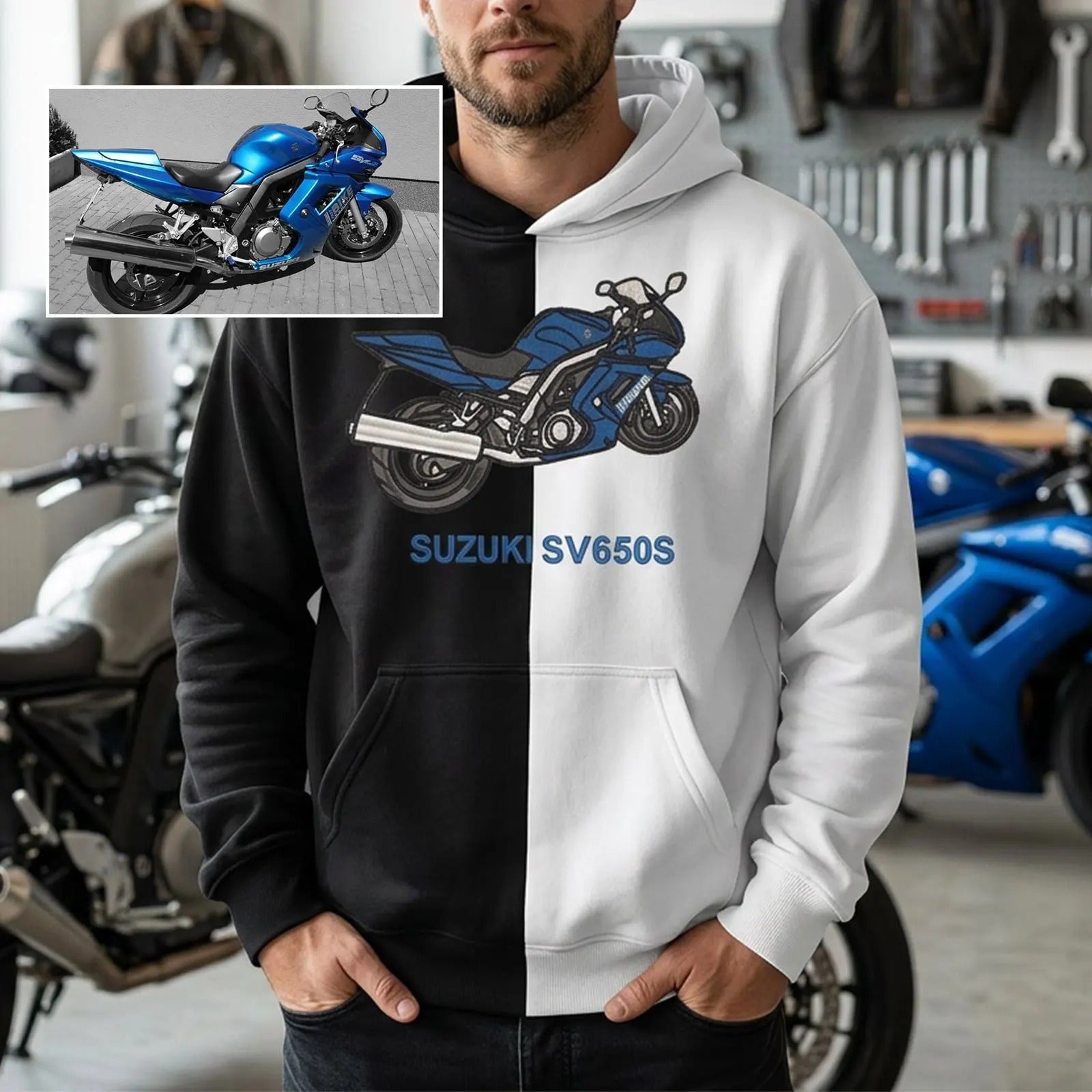 Custom Two Tone Embroidered Hoodie with Motorcycle or Car Photo Personalized Ride Gift