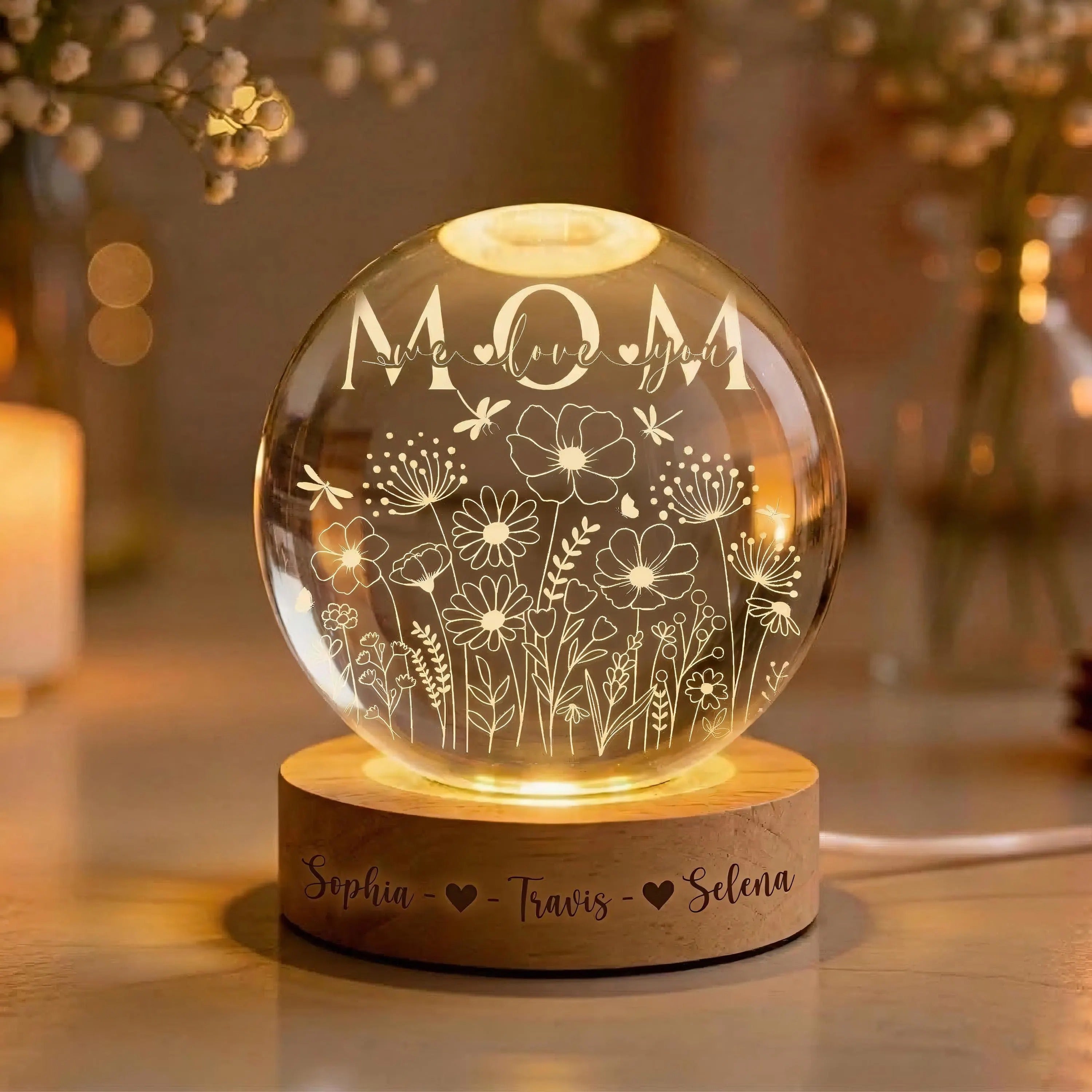 Custom Mom Wildflower Crystal LED Ball, Floral Grandma With Kids Name Night Light