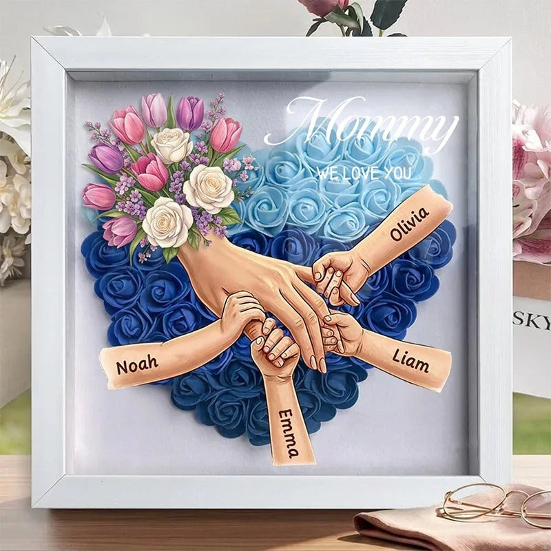 Tulips & White Roses Personalized Mom Holding Hands Shadow Box – Custom Name Remembrance Frame, Mother’s Day In Loving Memory Gift