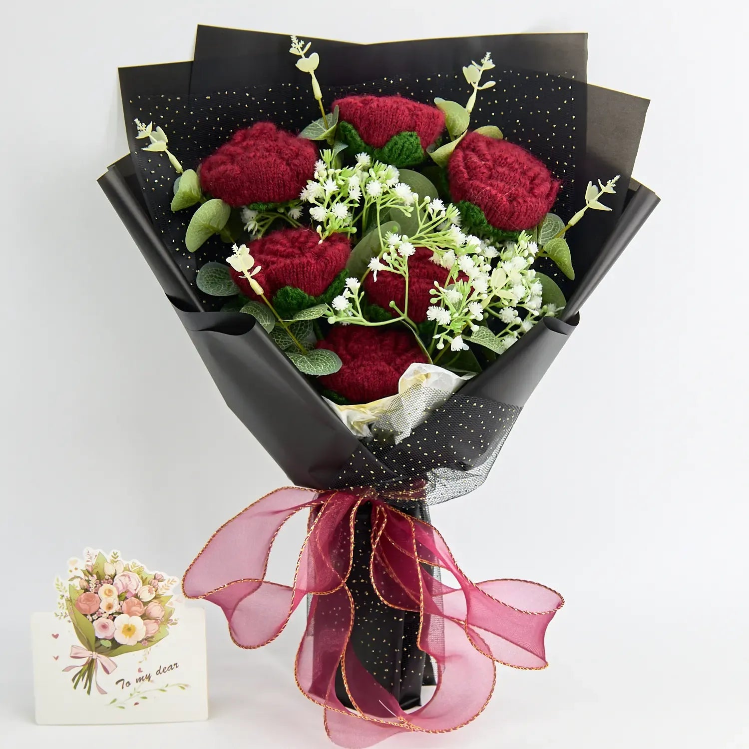 Deep Red Rose Crochet Bouquet – Handmade Forever Flowers for Couples, With Black Wrapping