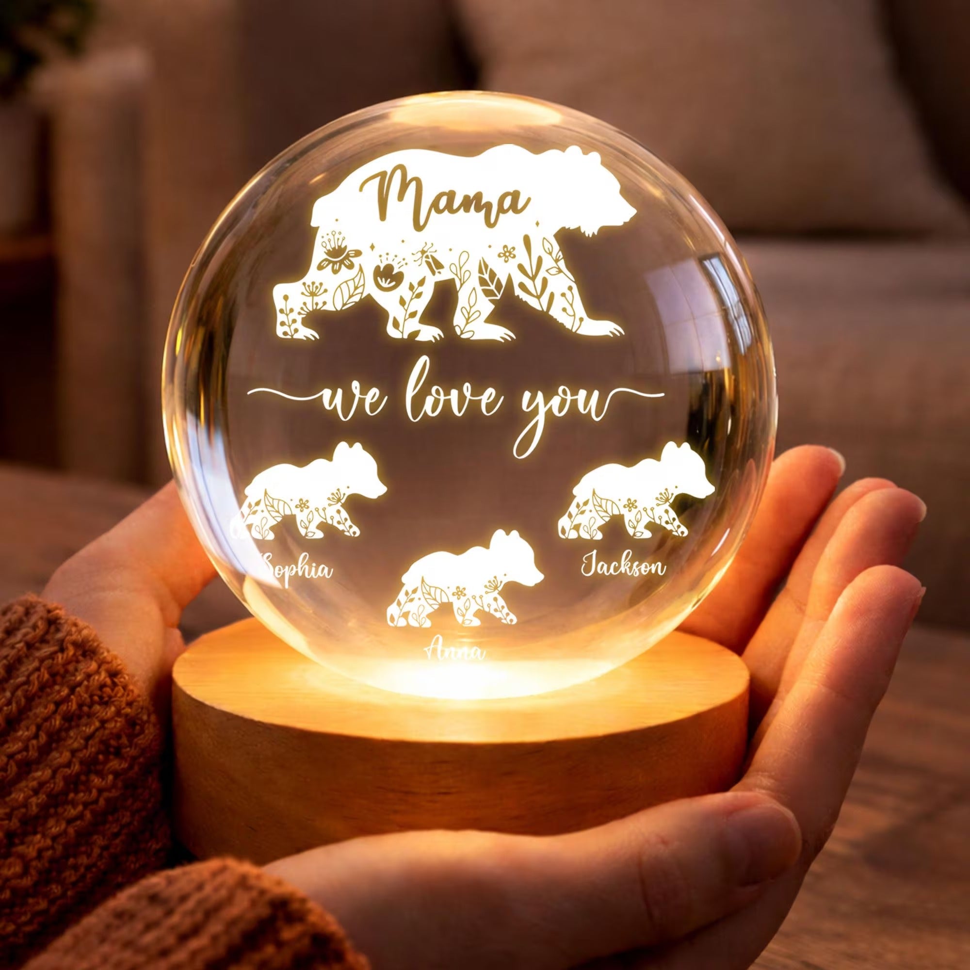 Mama Bear Custom Name Crystal Ball Night Light, Mother's Day Gift