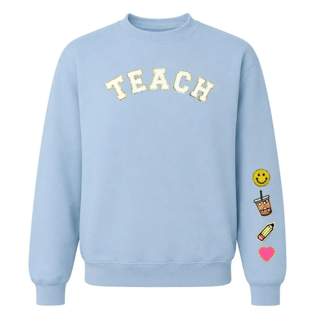 Custom Glitter “TEACH” Letter Patch Sweatshirt – Coordinating Smiley, Coffee, Pencil & Heart Icons for Teachers