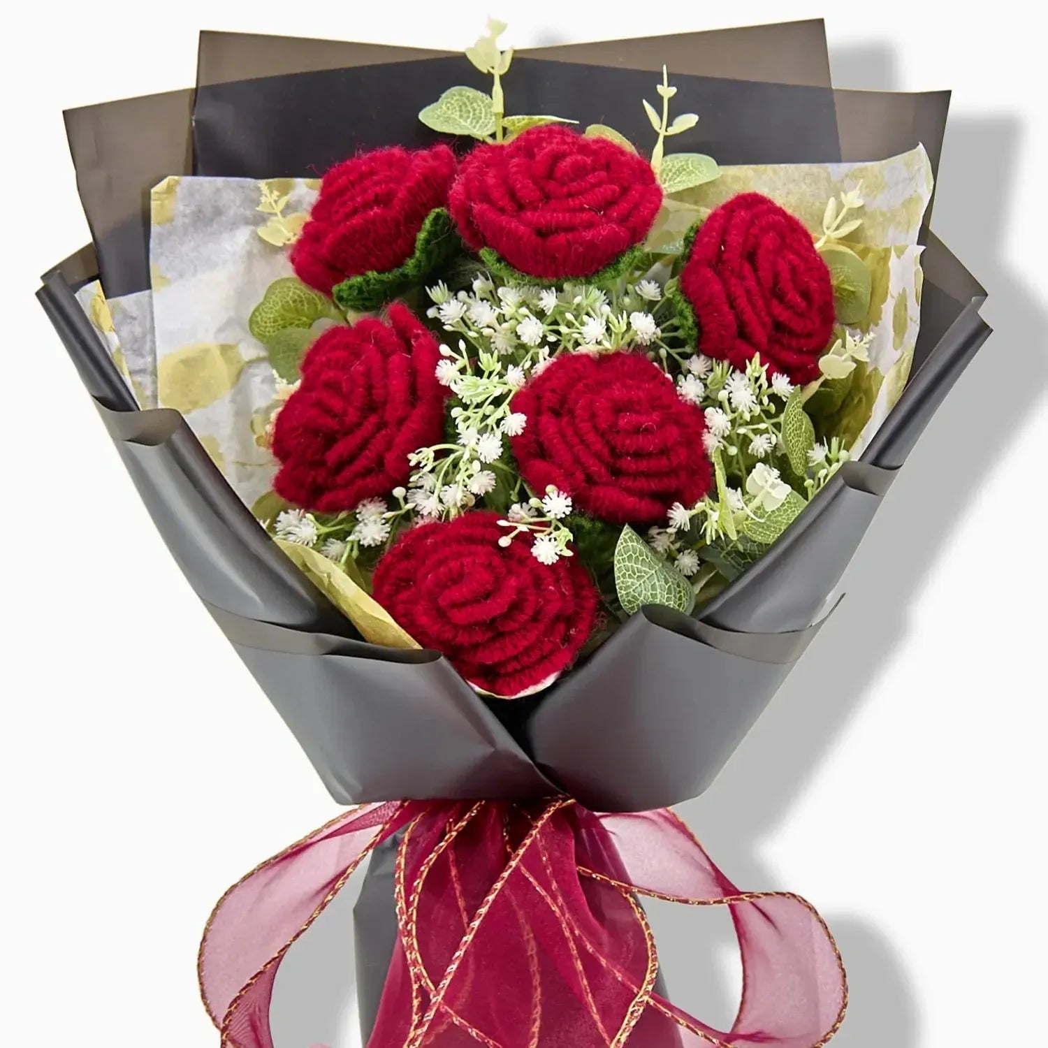 Deep Red Rose Crochet Bouquet – Handmade Forever Flowers for Couples, With Black Wrapping