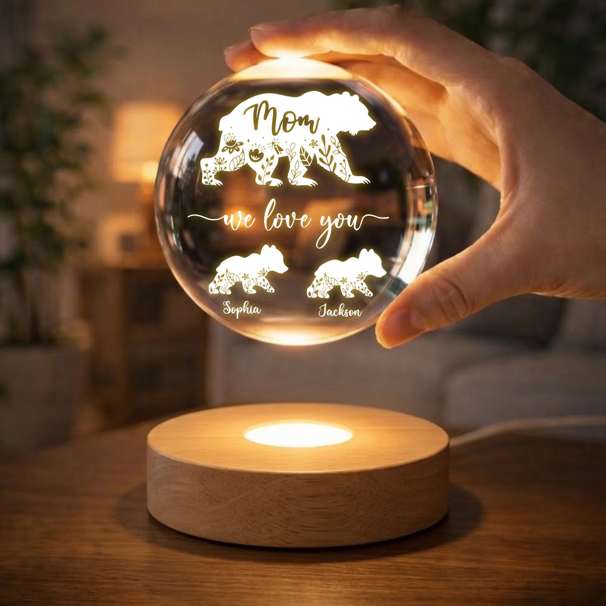 Mama Bear Custom Name Crystal Ball Night Light, Mother's Day Gift