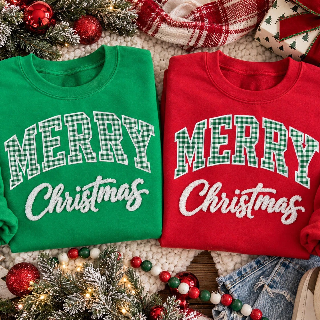 Merry Christmas Gingham Appliqué Patch Sweatshirt — Fluffy Holiday Design