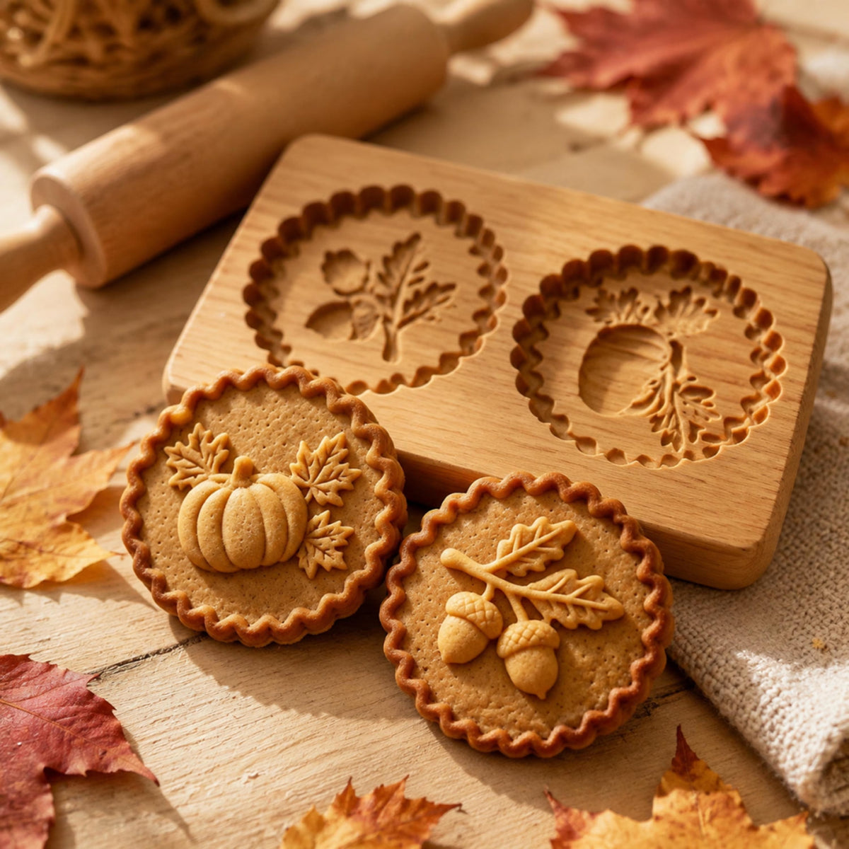 Wooden Acorn Cookie Stamp — Two-Hole Biscuit Embosser, Reusable Baking Mold for DIY Cookies
