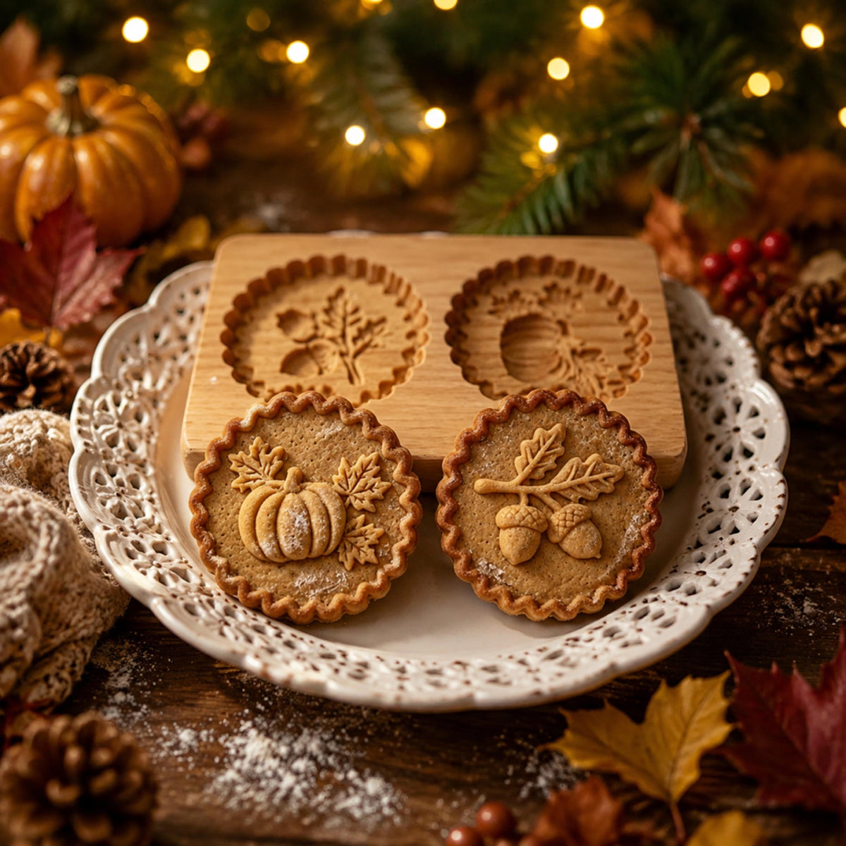 Wooden Acorn Cookie Stamp — Two-Hole Biscuit Embosser, Reusable Baking Mold for DIY Cookies