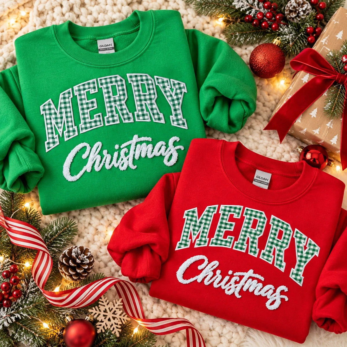 Merry Christmas Gingham Appliqué Patch Sweatshirt — Fluffy Holiday Design
