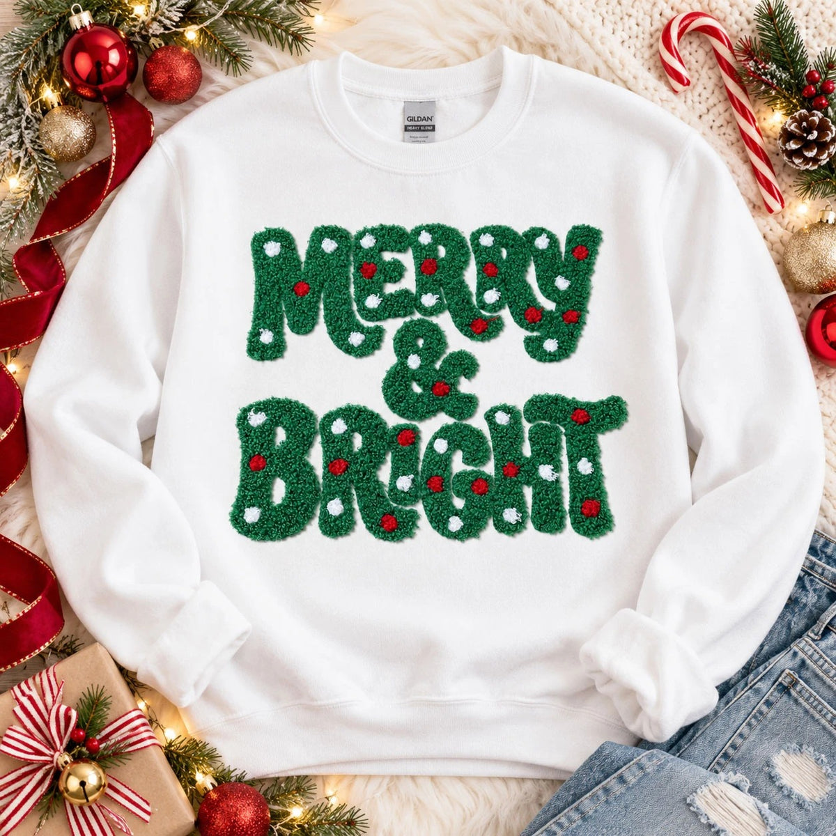 Merry & Bright Polka Dot Fluffy Appliqué Embroidered Sweatshirt — Christmas Style Design