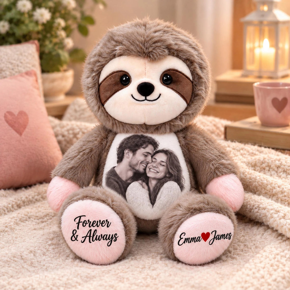 Custom Couple Memory Sloth Plush — Personalized Photo Keepsake, Romantic Gift for Her or Him, Anniversary Valentine Christmas Gift