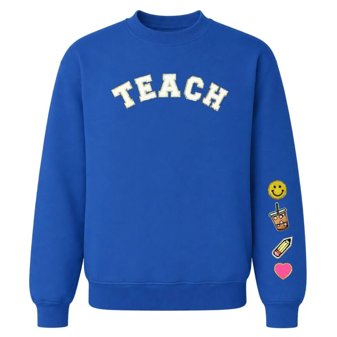 Custom Glitter “TEACH” Letter Patch Sweatshirt – Coordinating Smiley, Coffee, Pencil & Heart Icons for Teachers