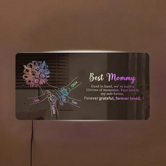 (Tulip & Rose) Personalized Mom Holding Hands Mirror Light - Custom Mother‘s Day Gifts for Mom