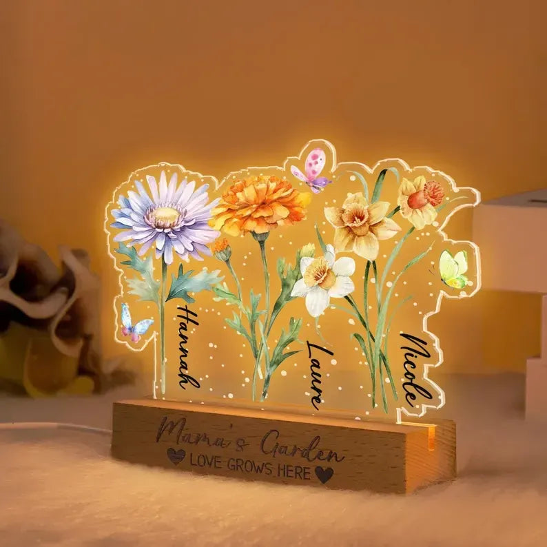 Customized mama’s Garden LED Night Light – Personalized Birth Month Flower Family Lamp for Mama, Mother’s Day Best Seller Gift