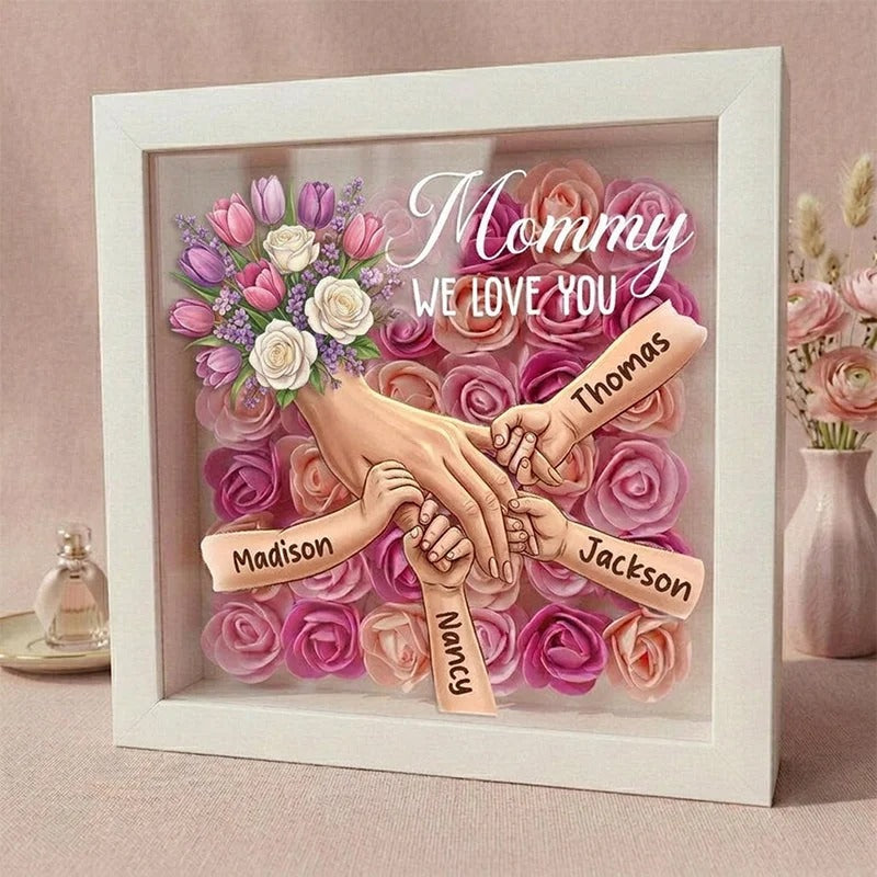 Tulips & White Roses Personalized Mom Holding Hands Shadow Box – Custom Name Remembrance Frame, Mother’s Day In Loving Memory Gift