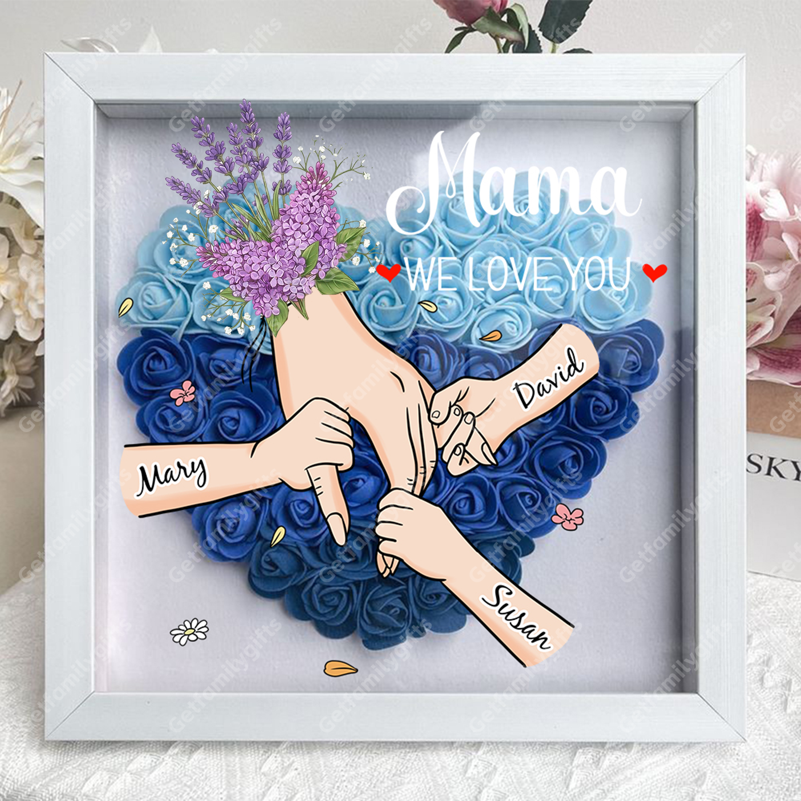 Custom Floral Hand Flower Shadow Box – Holding Hands Frame with Choice of Bouquet, Mother’s Day Gift