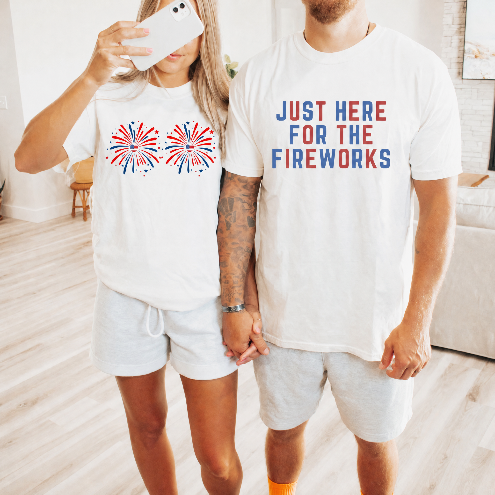 Funny Couple Matching 4th of July Couples Shirt – Just Here for the Fireworks, American Flag Tee