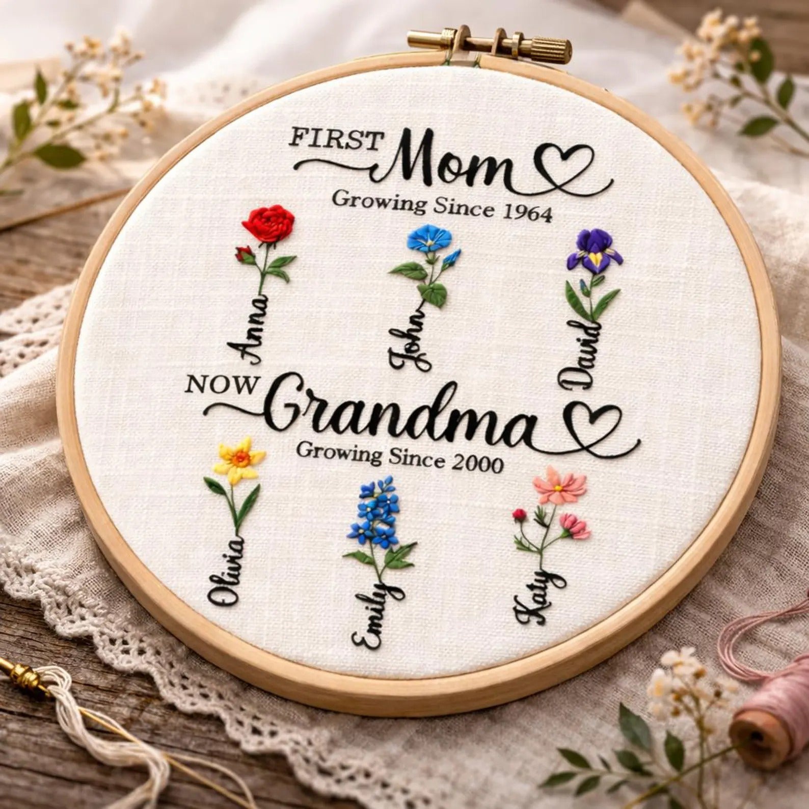 Custom Birth Month Flower Embroidery Round Hoop, First Mom Now Grandma Flower Gift for Grandma