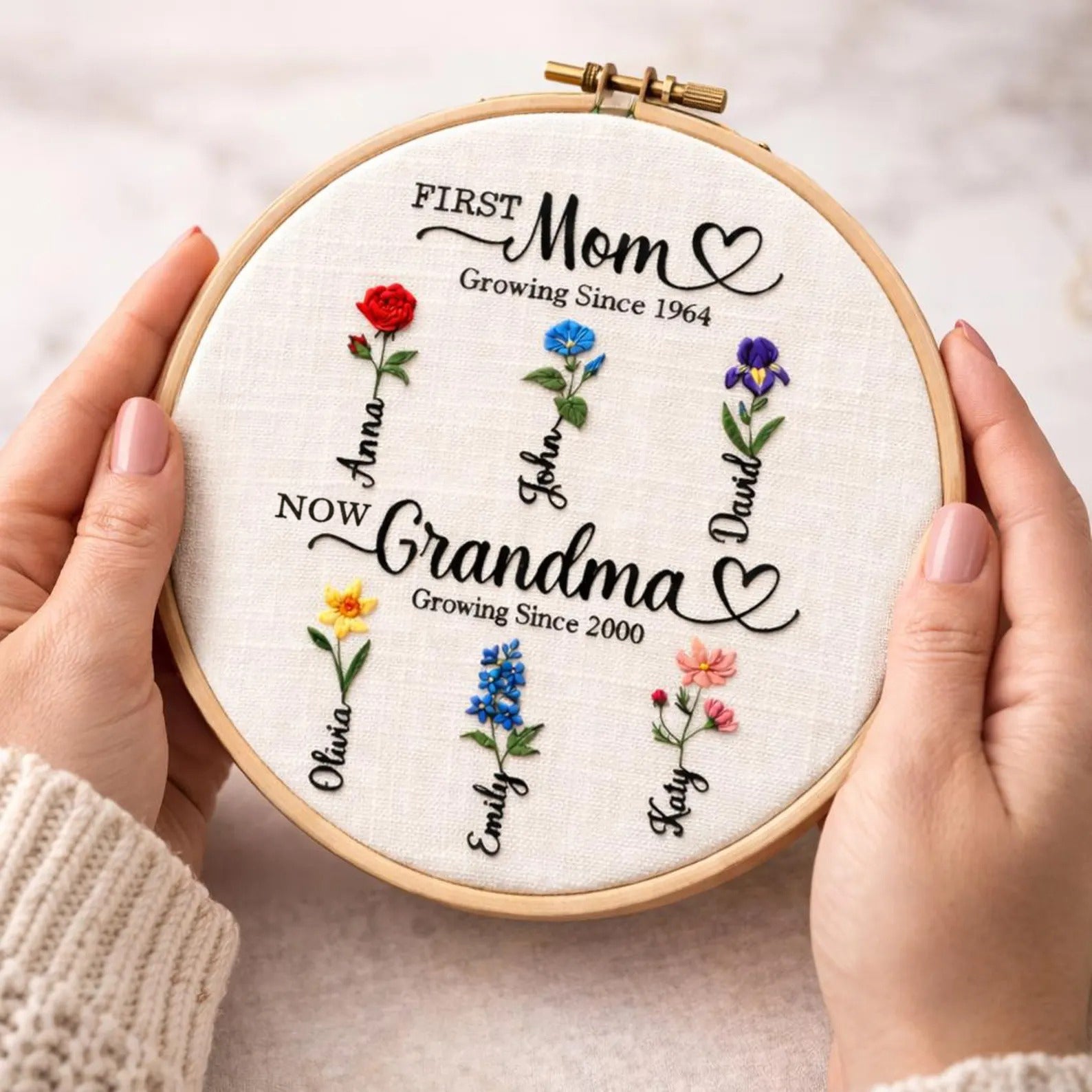 Custom Birth Month Flower Embroidery Round Hoop, First Mom Now Grandma Flower Gift for Grandma