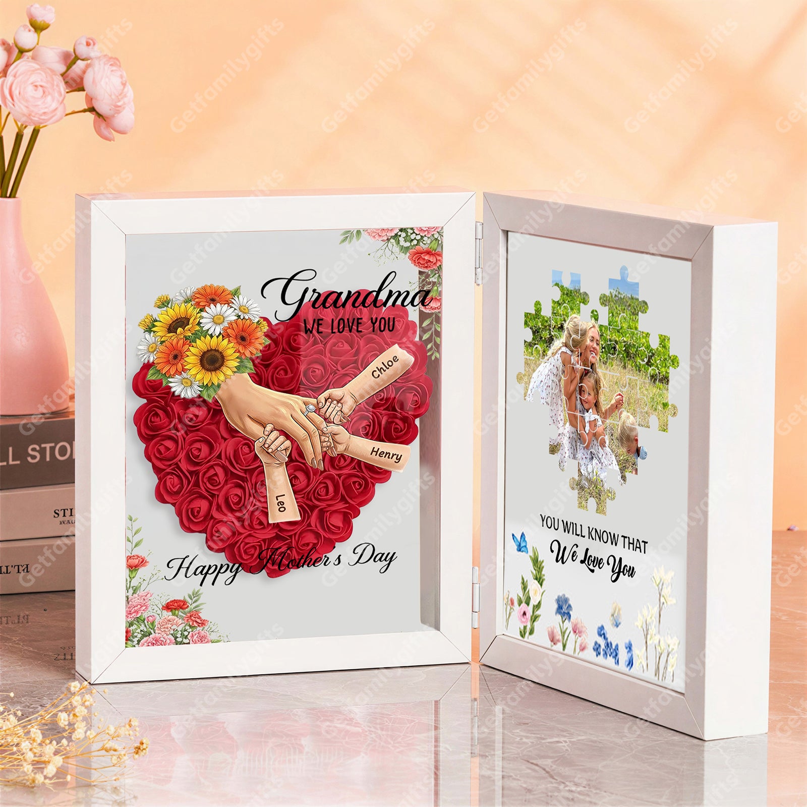 Personalized Mom Holding Hands Folding Flower Shadow Box-Mother's Day Gift