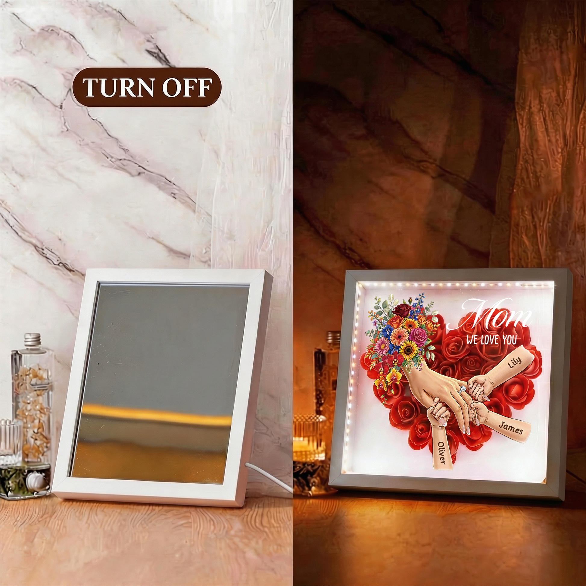 Personalized "Hand-in-Hand" Silhouette Mirror Lightbox & Floral Shadow Box — Mother's Day Gift