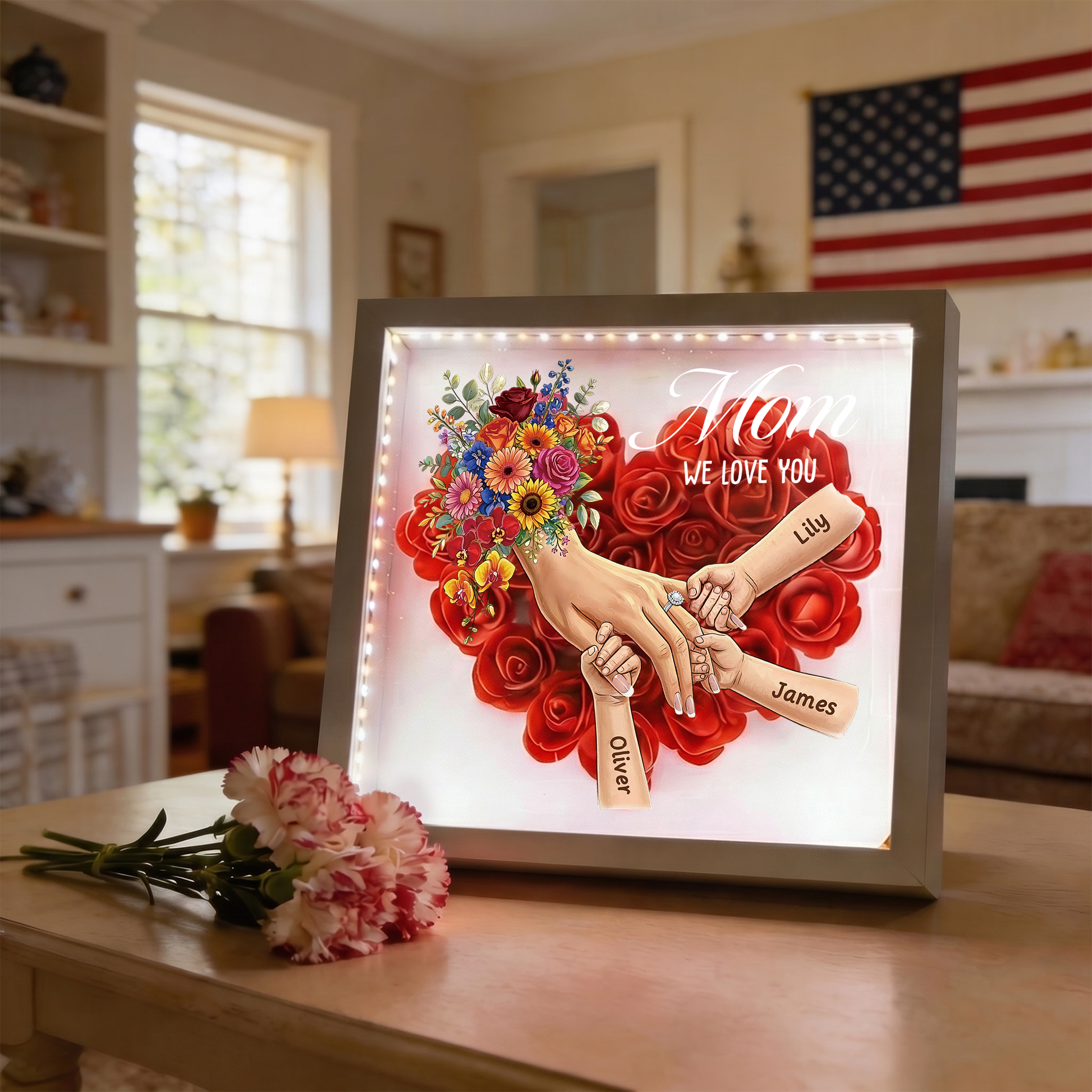 Personalized "Hand-in-Hand" Silhouette Mirror Lightbox & Floral Shadow Box — Mother's Day Gift