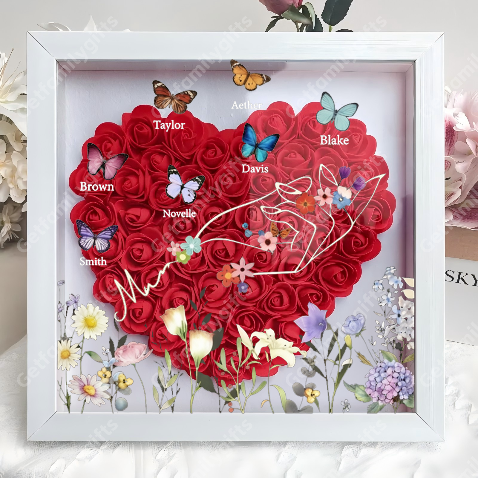 Custom flower shadow box with butterfly kid names-gift for mother's day