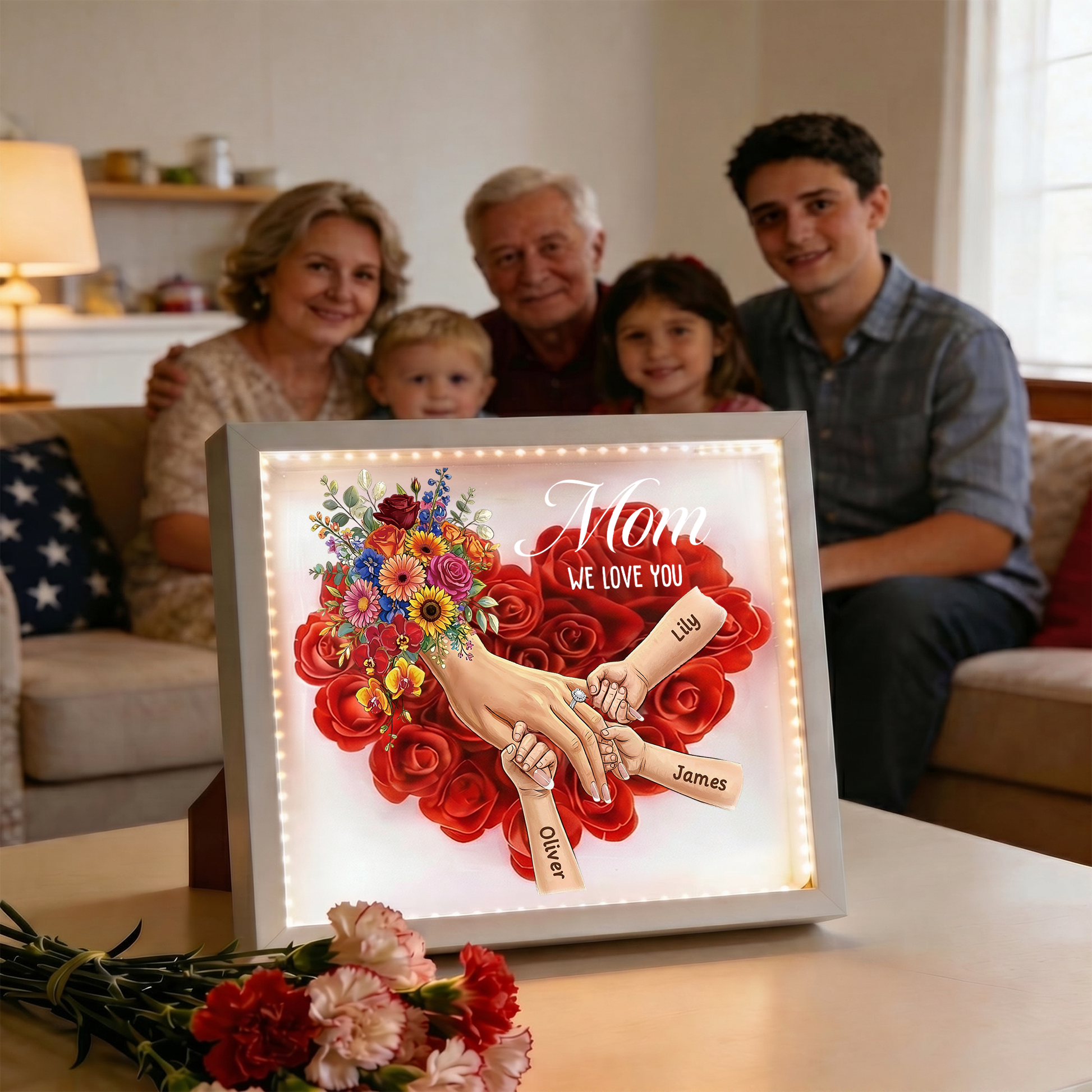 Personalized "Hand-in-Hand" Silhouette Mirror Lightbox & Floral Shadow Box — Mother's Day Gift