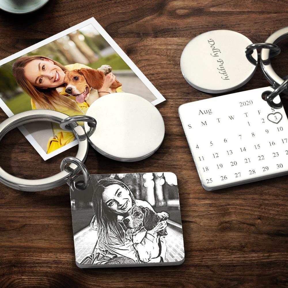 Custom Photo Engraved Calendar Silver Keyring Key Chain | Best Anniversary Gift