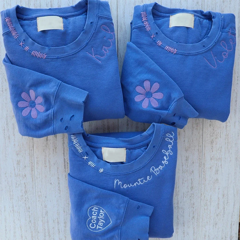 VINTAGE CUSTOM CREW-Custom Embroidered Hand Distressed Crew Neck Sweatshirt