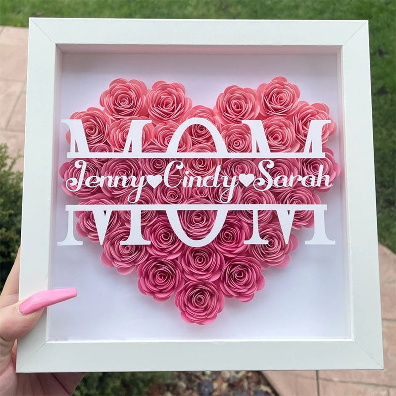 Personalized Flower Heart Shadow Box , Custom Name Rose Frame , Flower Shadowbox For Mom
