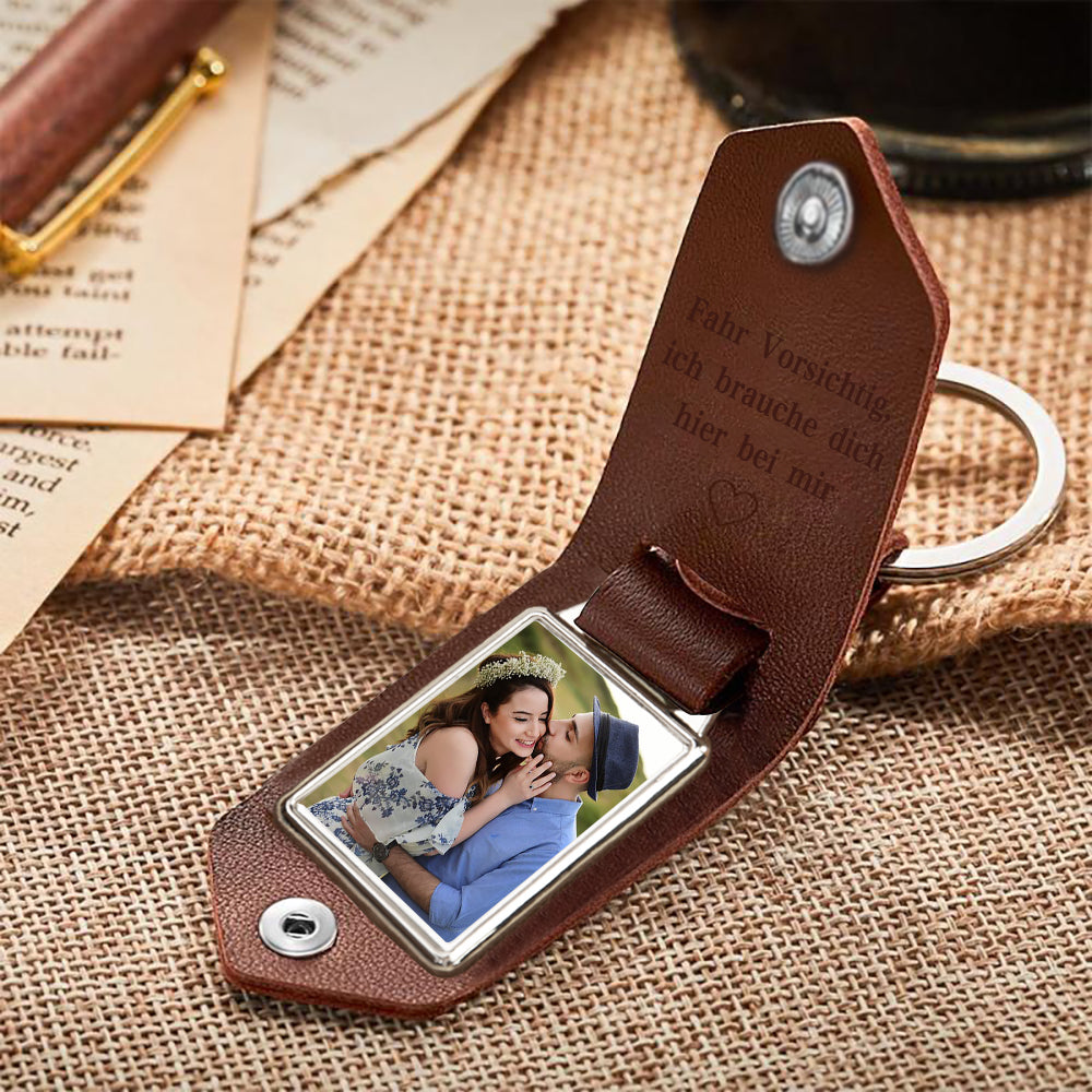 Personalized Photo & Text Leather Keychain-Fahr Vorsichtig, ich brauche dich hier bei mir