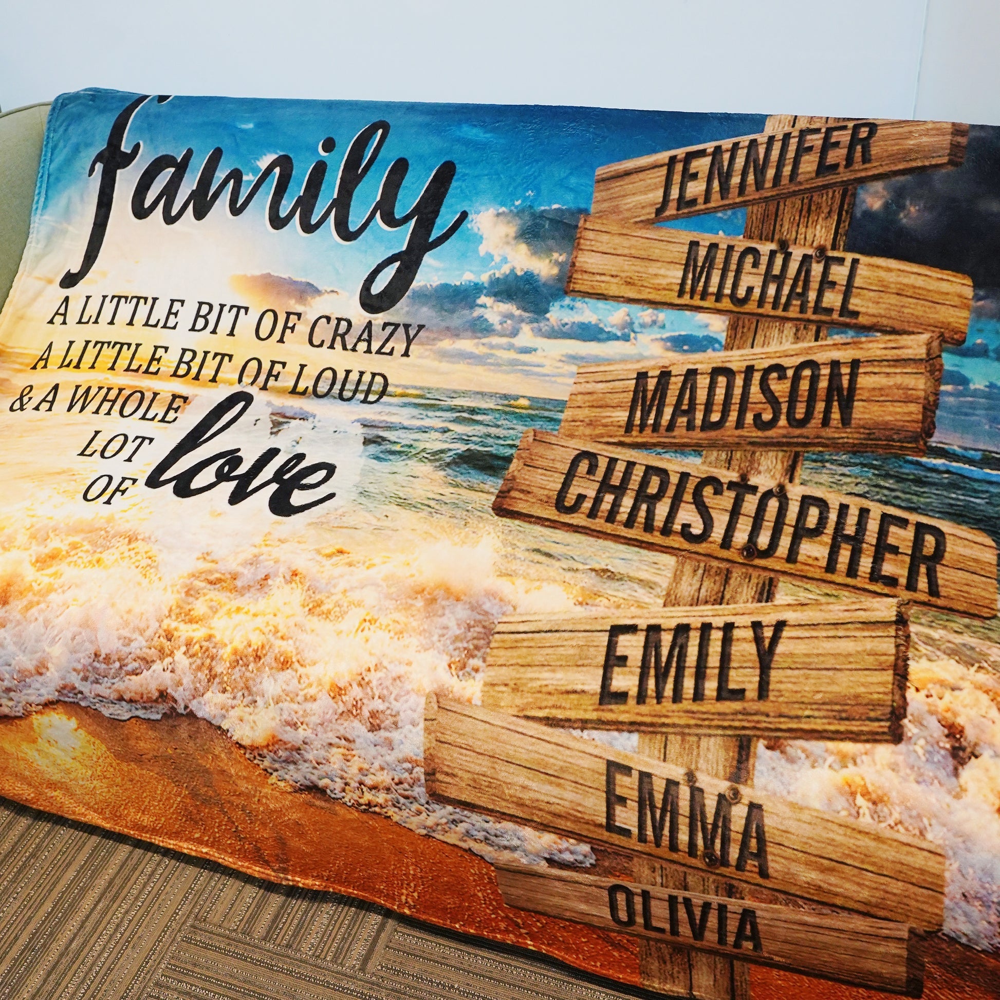 💖For Family Blanket👨‍👩‍👦‍👦Ocean Sunset Color A Little Whole Lot of Love Multi-Names Blanket