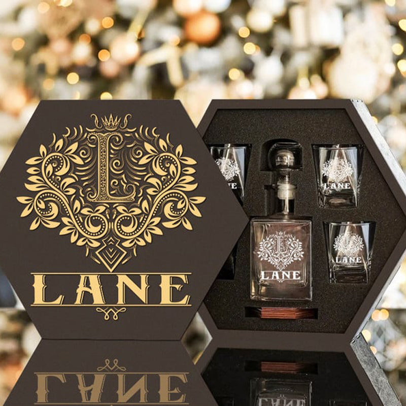 LANE - WHISKEY SET (Wooden box + Decanter + 4 Glasses + 4 Coasters)