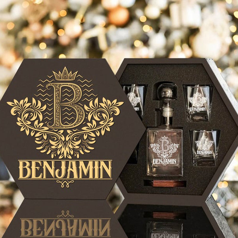 BENJAMIN - WHISKEY SET (Wooden box + Decanter + 4 Glasses + 4 Coasters)