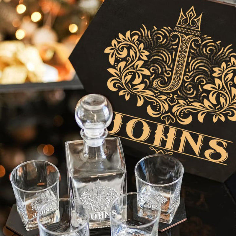 JOHNS - WHISKEY SET (Wooden box + Decanter + 4 Glasses + 4 Coasters)