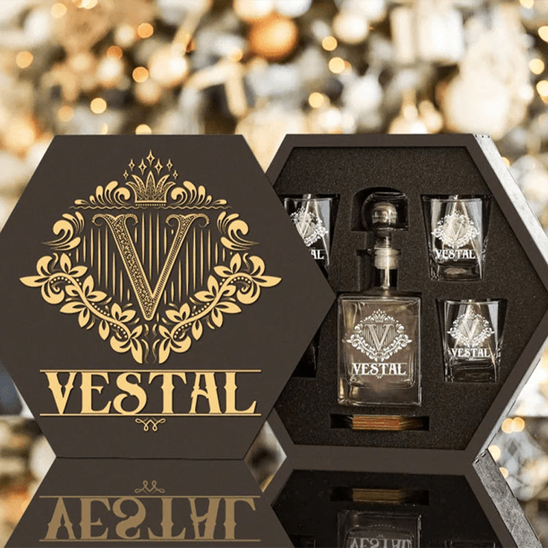 VESTAL - WHISKEY SET (Wooden box + Decanter + 4 Glasses + 4 Coasters)