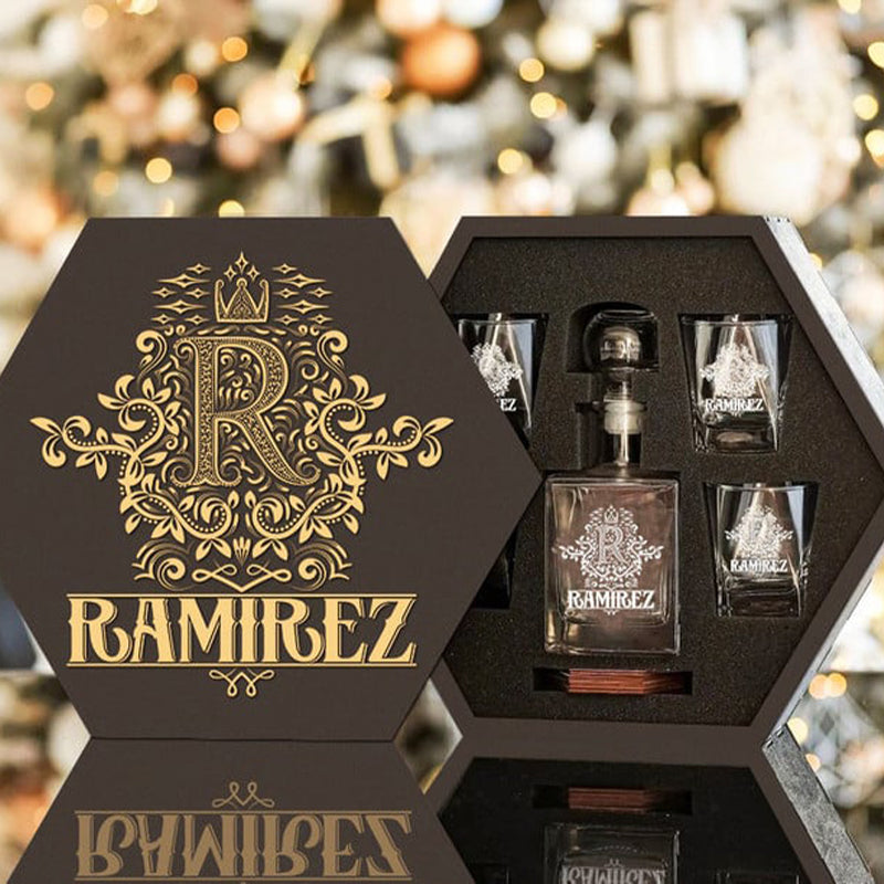 RAMIREZ - WHISKEY SET (Wooden box + Decanter + 4 Glasses + 4 Coasters)