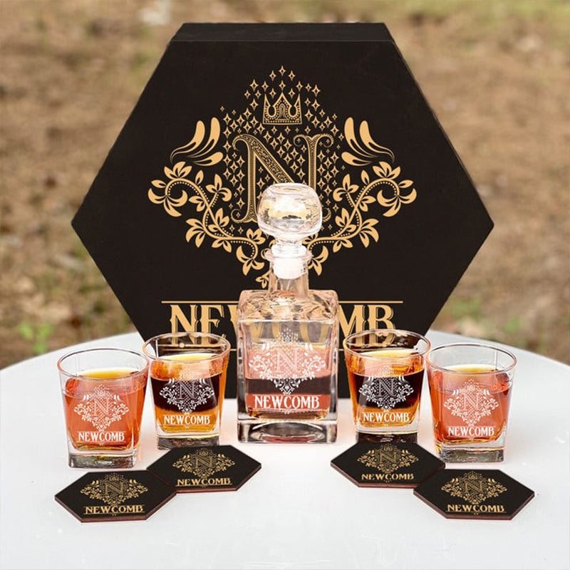 NEWCOMB - WHISKEY SET (Wooden box + Decanter + 4 Glasses + 4 Coasters)
