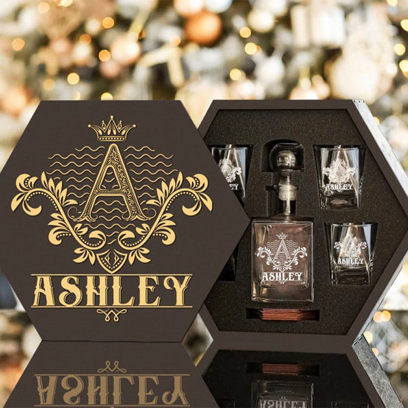 ASHLEY - WHISKEY SET (Wooden box + Decanter + 4 Glasses + 4 Coasters)