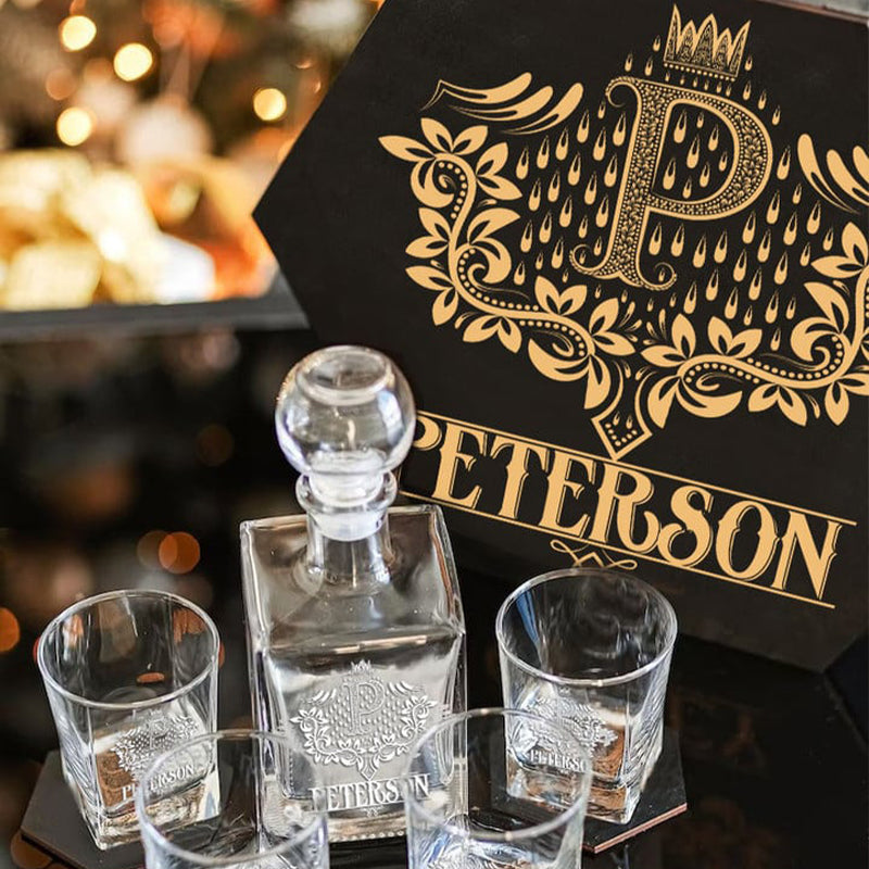 PETERSON - WHISKEY SET (Wooden box + Decanter + 4 Glasses + 4 Coasters)