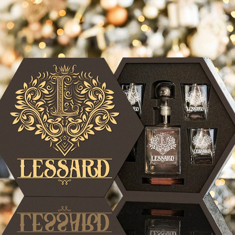 LESSARD - WHISKEY SET (Wooden box + Decanter + 4 Glasses + 4 Coasters)