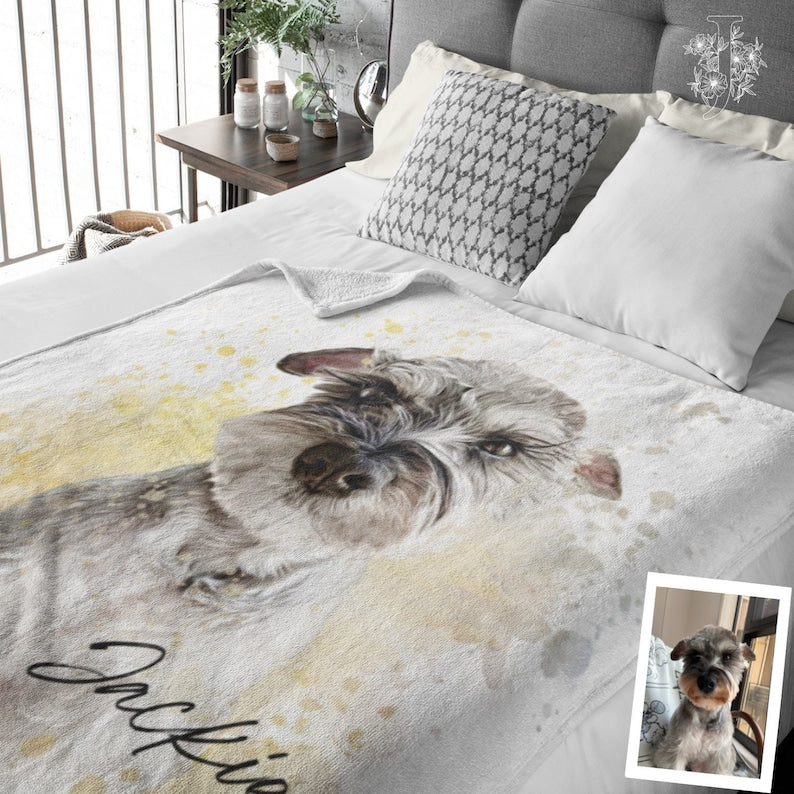 Custom Pet Portrait Blanket, Personalized Dog Photo Throw Blanket, Dog Mom Gift, Dog Face and Name Blanket, Dog Lover Gift