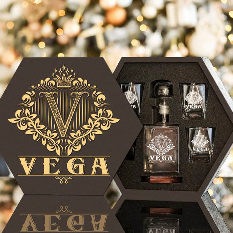 VEGA - WHISKEY SET (Wooden box + Decanter + 4 Glasses + 4 Coasters)