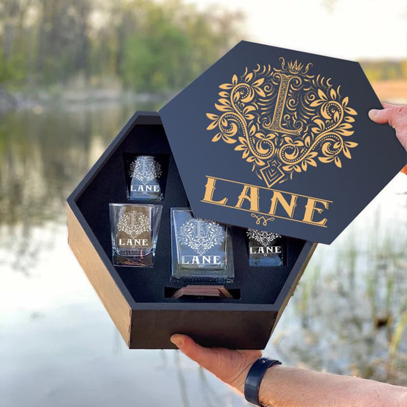 LANE - WHISKEY SET (Wooden box + Decanter + 4 Glasses + 4 Coasters)